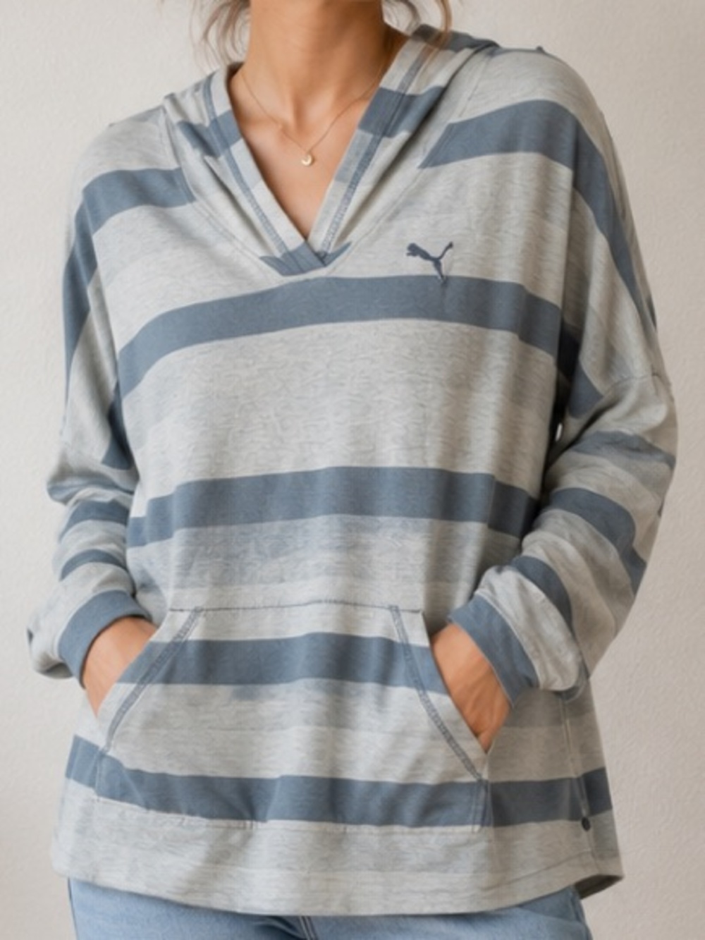 Puma Women’s Blue Striped Hooded Pullover Shirt